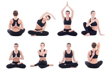 Wall Mural - beautiful woman doing yoga in different poses isolated on white