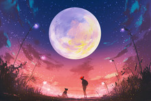 Young Woman With Dog At Beautiful Night With Huge Moon Above,illustration Painting