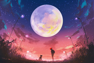 young woman with dog at beautiful night with huge moon above,illustration painting
