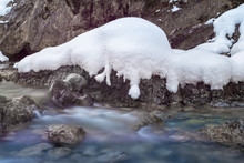 Motion Of River Water With Snow On Rocks In Winter