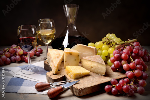 Wine, grapes and cheese Canvas Print