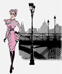 Wall Mural - Fashion models in sketch style fall winter with Paris city background