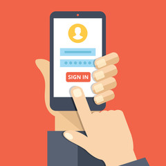 Poster - Sign in page on smartphone screen. Hand hold smartphone, finger touch sign in button. Mobile account