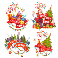 Merry Christmas Banner Set With Santa Claus, Ribbon And Pine