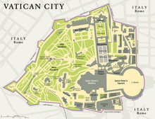 Vatican City Political Map. City State In Rome, Italy With National Borders, Important Buildings, Sights And Gardens. English Labeling And Scaling. Illustration.