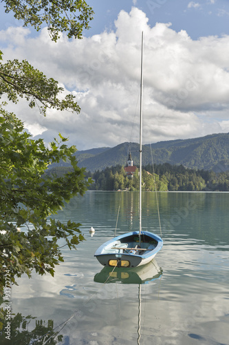 Naklejka na szybę Small yacht moored on Lake Bled, Slovenia.