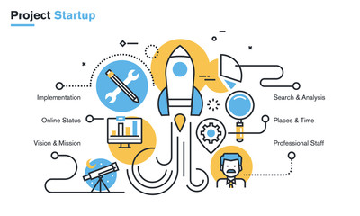 Poster - Flat line design illustration of project startup process, new products and services development from idea to implementation. Concept for web banners and printed materials, isolated on white background