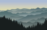 Fototapeta Natura - The morning at foggy mountains. Vector illustration.