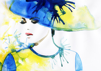 Canvas Print - Beautiful face. woman portrait with hat. abstract watercolor .fashion background