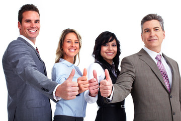 Canvas Print - Happy business people with thumbs.