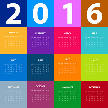 Calendar for the year 2016. Vector illustration.