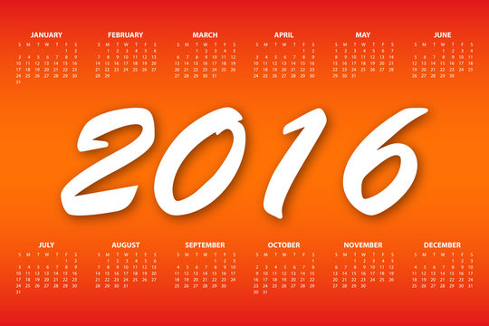 Calendar for the year 2016. Vector illustration.