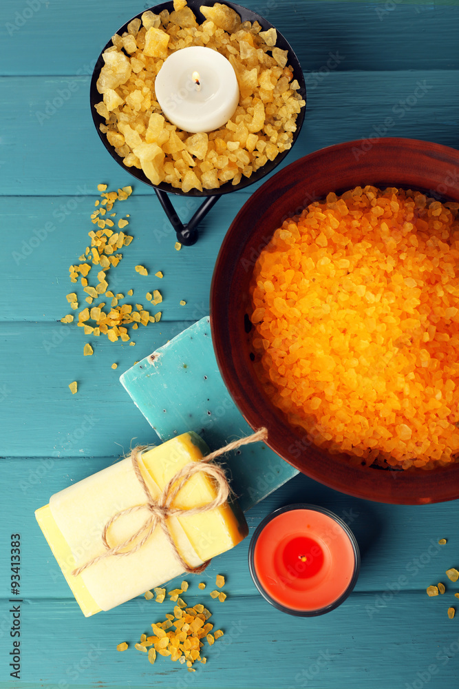 Beautiful spa composition with sea salt on table close up