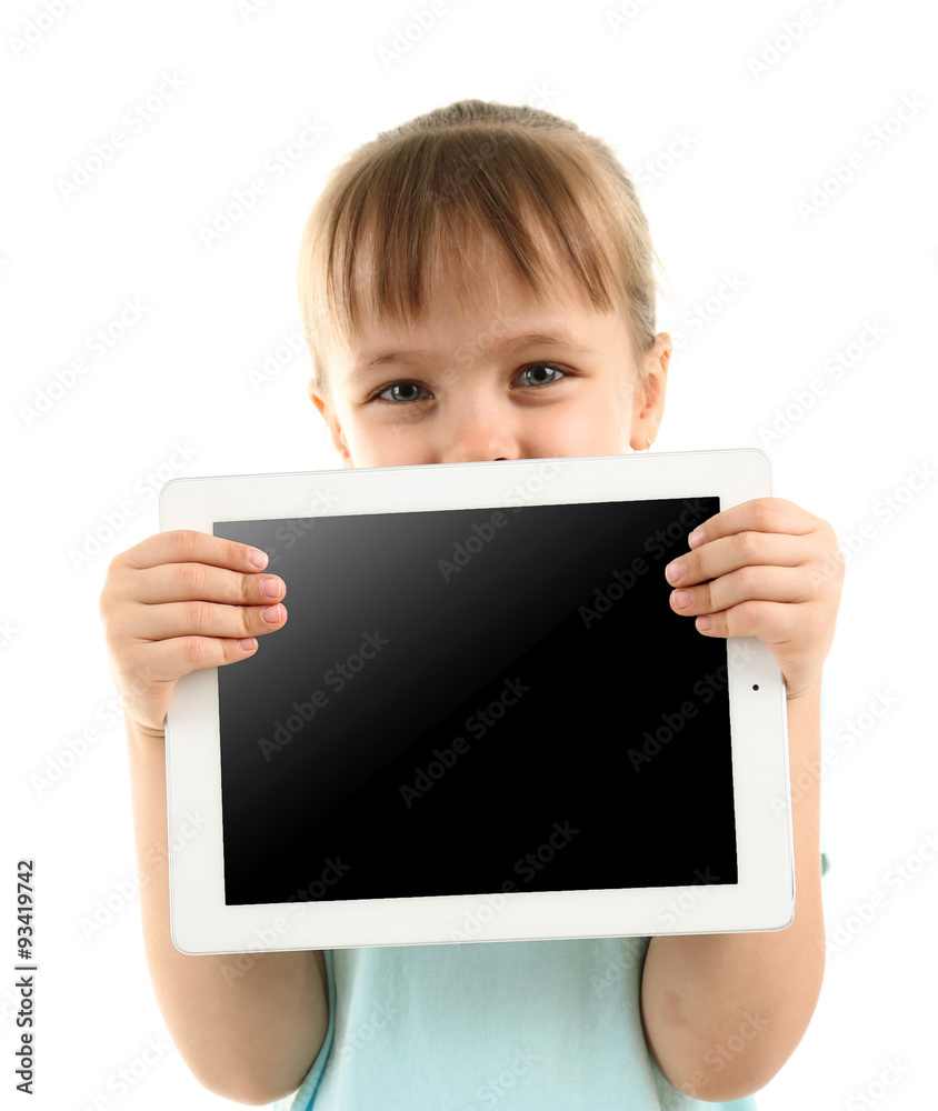 Beautiful little girl with digital tablet, isolated on white
