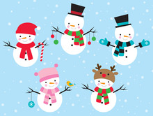 Vector Illustration Of Snowman Dress Up In Different Costumes.