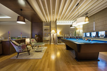 Interior Of A Luxury Living Room With Pool Table