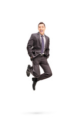 Poster - Joyful businessman jumping out of happiness