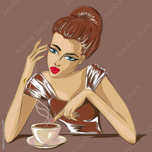 Naklejka na kafelki Pop art woman face with cup of tea