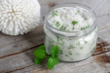 Refreshing Homemade Sugar Scrub With Vegetable Oil, Chopped Mint And Essential Mint Oil