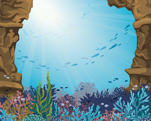 Wall Mural - Underwater cave and coral reef.