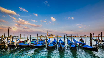 Canvas Print - Gondolas in Venice - sunset with San Giorgio Maggiore church. San Marco, Venice, Italy