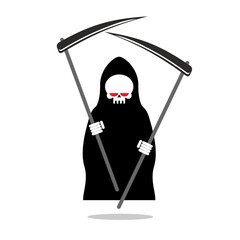 Death with two scythe. Ferocious Grim Reaper with red eyes. Skel