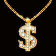 Dollar sign with diamonds on gold chain. Hip-hop style necklace