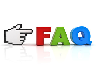 Fototapete - Hand cursor pointing at colorful word faq frequently asked questions concept isolated over white background
