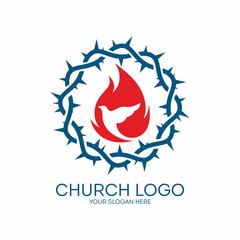 Church logo. Crown of thorns, blue, red, dove, flames, icon