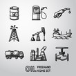 Set of handdrawn oil icons - barrel, gas station, rigs, tanker