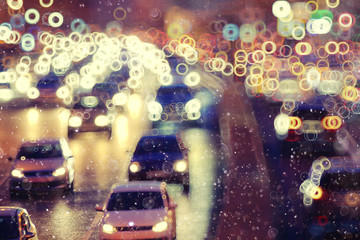 Wall Mural - Snow in the city night traffic road transport