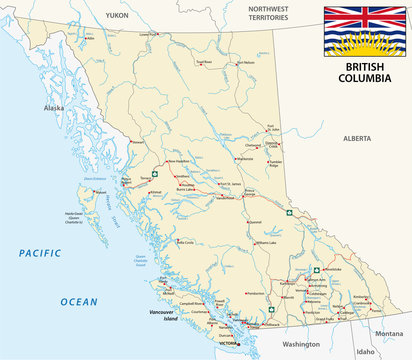 british columbia road map with flag