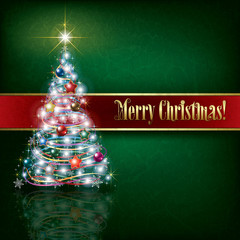 Wall Mural - greeting with Christmas tree on green grunge background