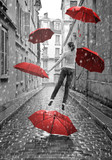 Fototapeta Uliczki - Girl with red umbrellas flying above-ground. Conceptual