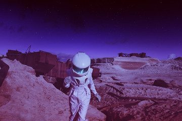 Wall Mural - futuristic astronaut on another planet, Mars. image with the