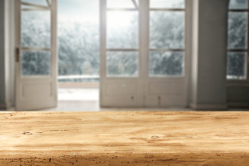 wooden desk space and window 