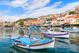 Fototapeta  - Traditional colourful Greek fishing boats in Pythagorion port, Samos island, Greece