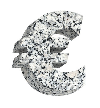 Euro sign from granite alphabet set isolated over white. Computer generated 3D photo rendering.