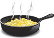 Illustration of a hot frying pan of scrambled eggs.