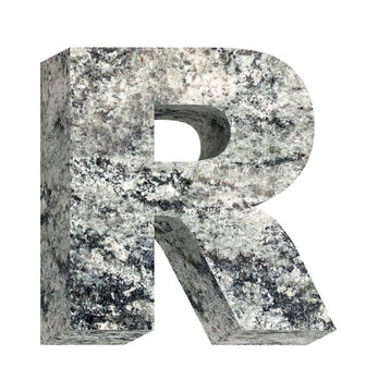 One letter from granite alphabet set isolated over white. Computer generated 3D photo rendering.