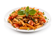 Penne With Meat, Tomato Sauce And Vegetables 