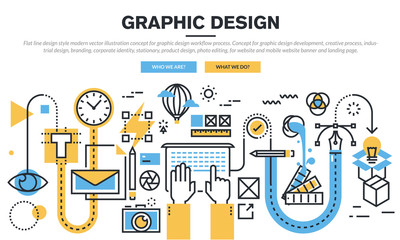 Wall Mural - Flat line design concept for graphic design workflow process, industrial design, branding, corporate identity, stationary, product design, photo editing, for website banner and landing page.