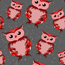 Pink Owl On Gray Seamless Pattern