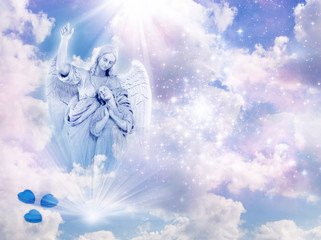 Wall Mural - an angel statue over mystical sky with divine light and stars