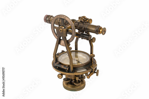 Fotografie, Obraz Vintage Brass Surveying Level (Transit, Theodolite) with Compass and natural aged Brass Patina, focus stacked and isolated on white background