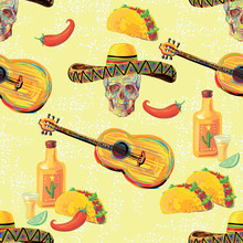 Mexican Vector Seamless Music Pattern With Skull, Sombrero Hat, Guitar, Taco, Tequila, Lime And Chill Pepper. Perfect For Wallpaper, Pattern Fill, Web Page Background, Texture, Textile