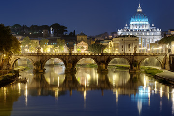 night view of Roma, St. Angelo Bridge and St. Peter