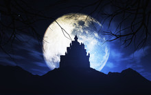 3D Spooky Castle Against A Moonlit Sky