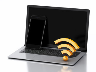 Poster - 3d Laptop pc, Smartphone and wifi icon.