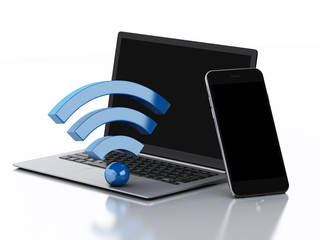Poster - 3d Laptop pc, Smartphone and wifi icon.
